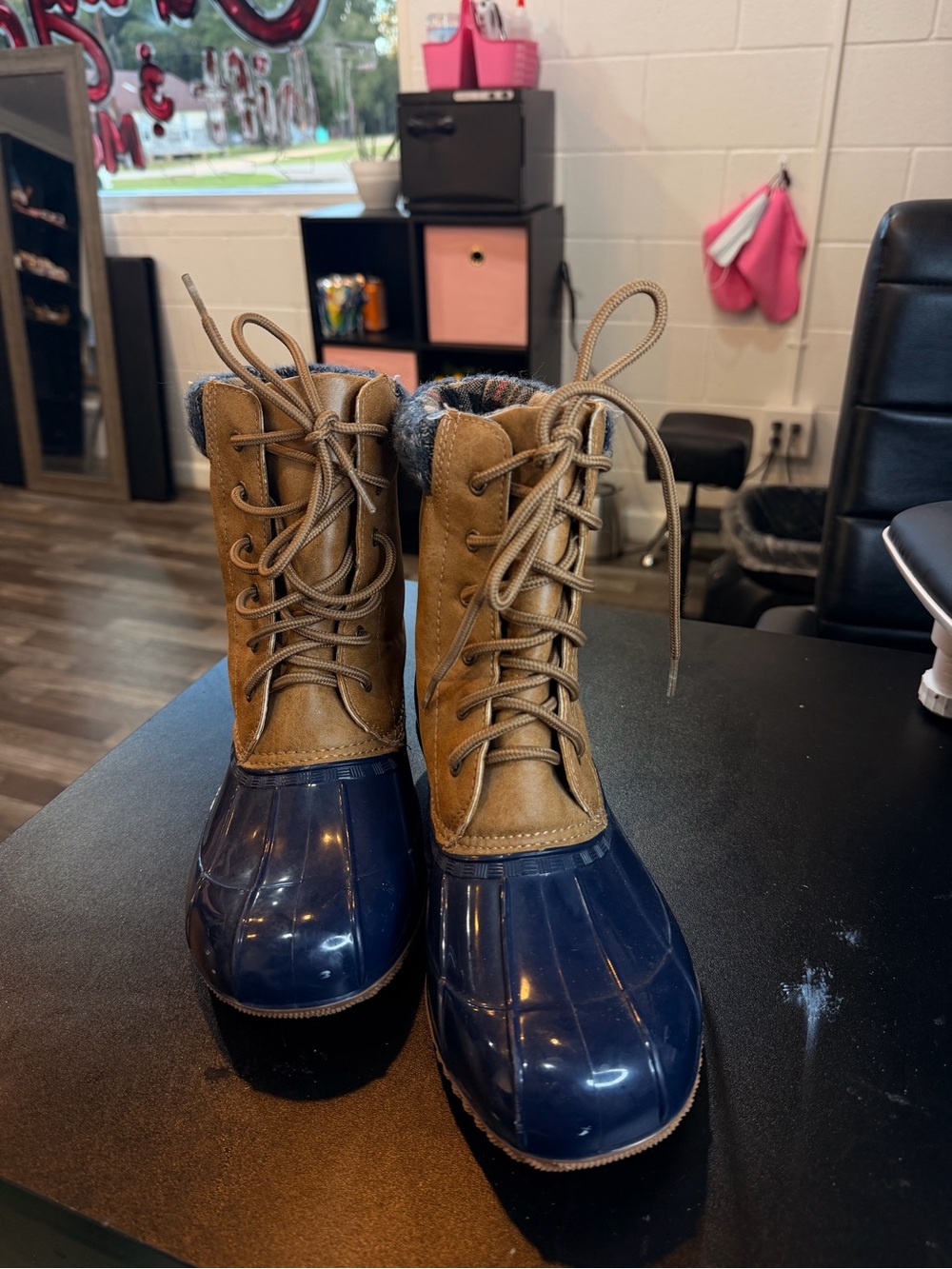 JustFab Navy and Brown Lace-Up Winter Rain Boots